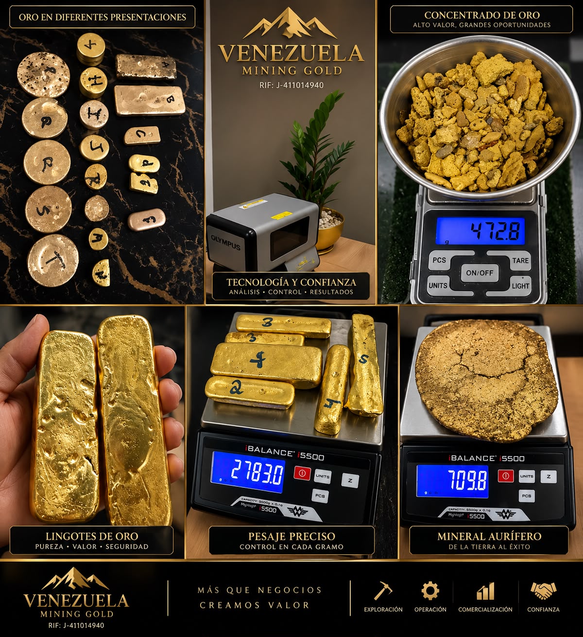 Mosaico de Venezuela Mining Gold con muestras de oro, concentrado, lingotes, pesajes y equipo de análisis
